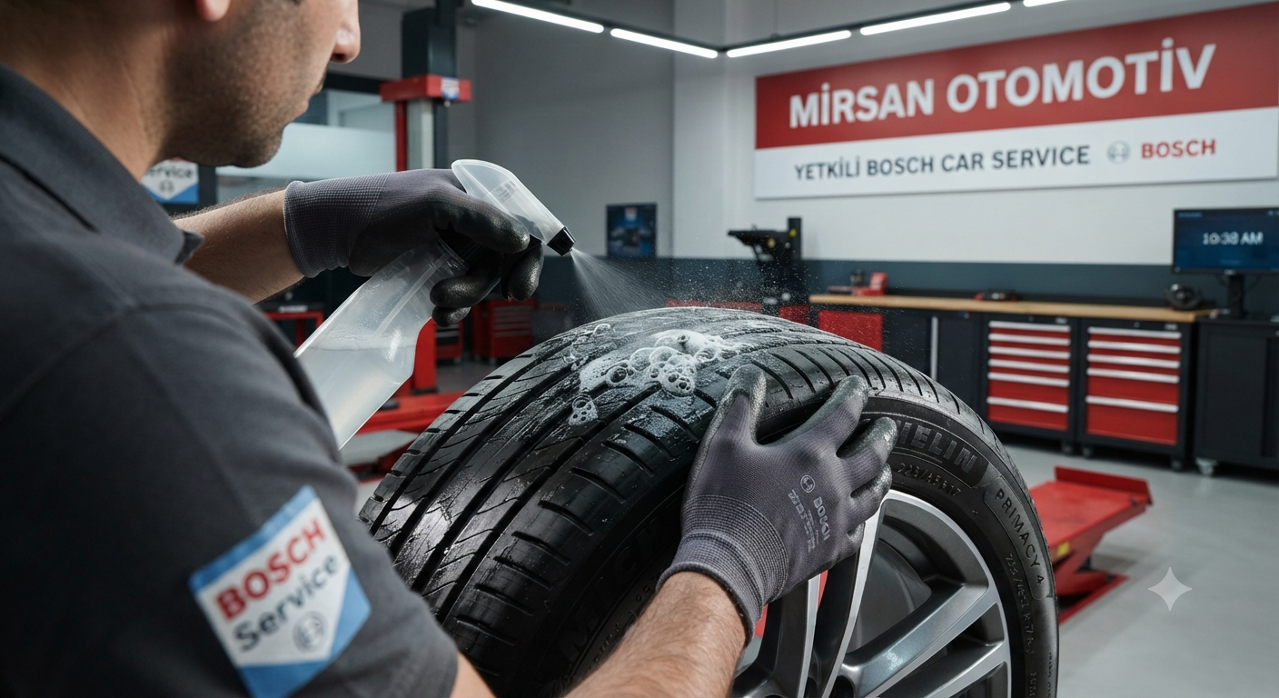 Mirsan Otomotiv Bosch Car Service teknisyeninin sabunlu su ile lastik hava kaçağını kontrol etmesiq