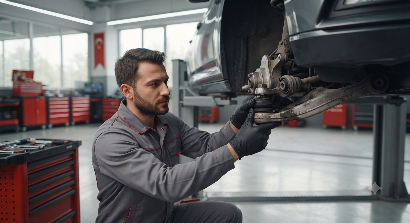 Mirsan Otomotiv Bosch Car Service teknisyeninin araç ön takımındaki aşınmış süspansiyon parçasını elle kontrol etmesi