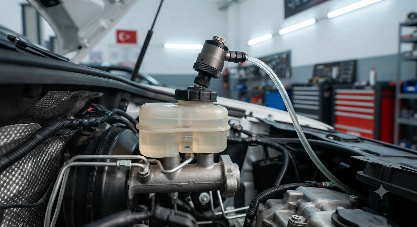 Mirsan Otomotiv Bosch Car Service bünyesinde, profesyonel ekipmanlarla gerçekleştirilen, temiz ve doğru renkli DOT 4 fren hidroliği ile sistemin tazelenmesi