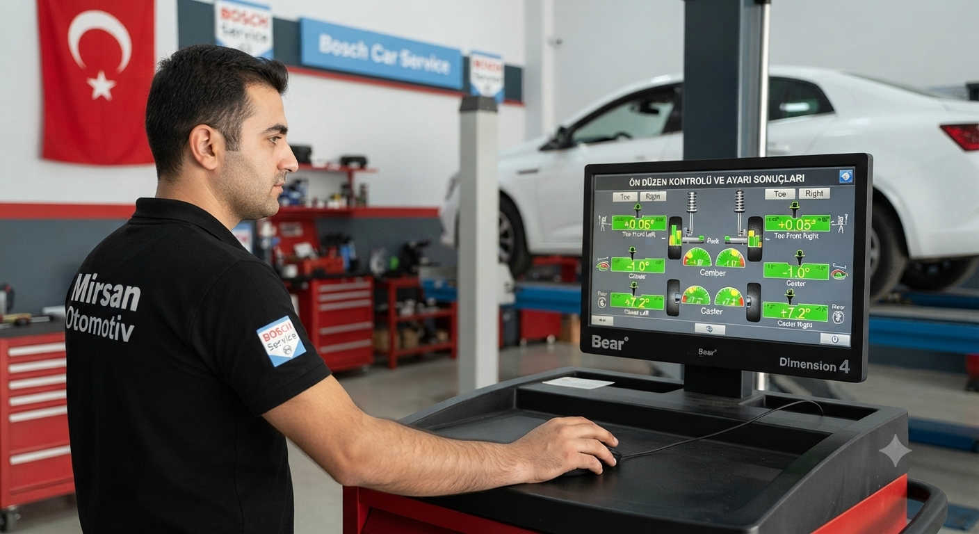 Mirsan Otomotiv Bosch Car Service teknisyeni, bilgisayarlı rot ayar cihazının aydınlık ve net ekranındaki mükemmel sonuçları incelerken