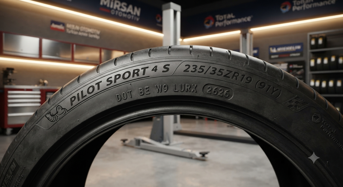 Mirsan Otomotiv teknisyeninin modern bir serviste lastik üzerindeki DOT üretim tarihini kontrol etmesi