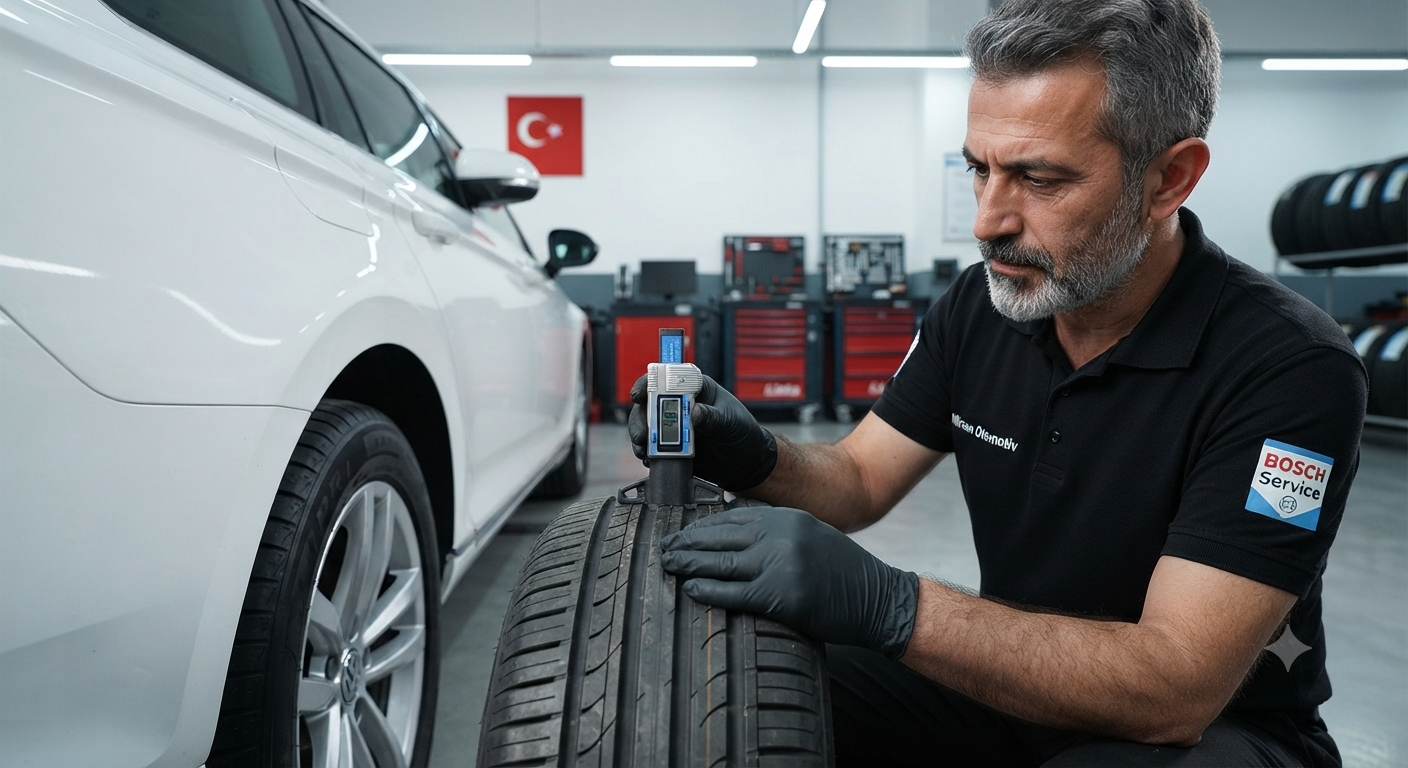 Mirsan Otomotiv Bosch Car Service teknisyeni tarafından dijital kumpas ile yapılan lastik diş derinliği kontrolü ve ölçümü